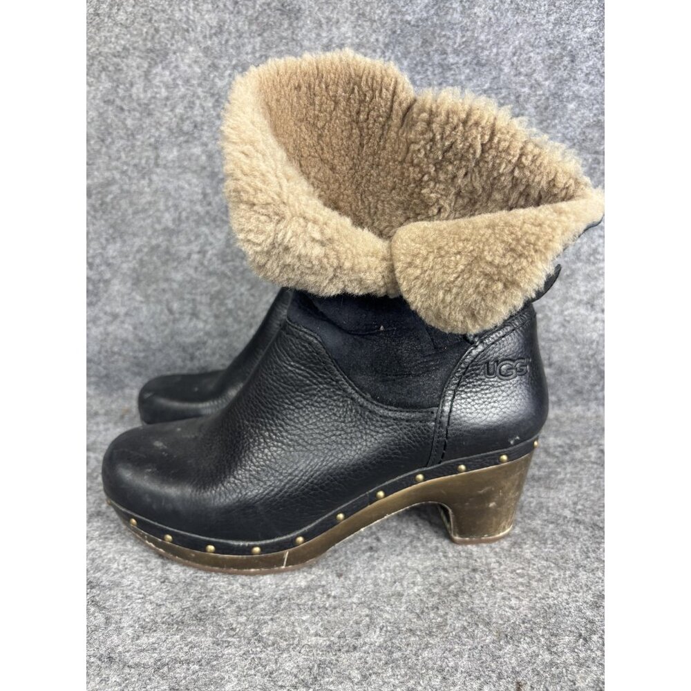 UGG Boots Womens Size 9 Black Shearling Lined Leather Clog Heels Studded 1003856
